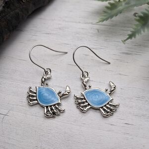 Silver Crab Drop Earrings with Sky Blue Inlay